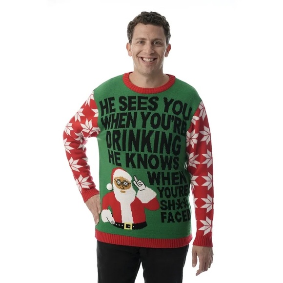 Mens Ugly Christmas Sweater Green & Red - “Santa Sees You…”Size XL - Picture 1 of 3
